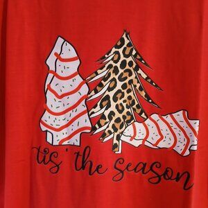 Women's Tis The Season T-Shirt Christmas Cookie Trees Leopard XL Red